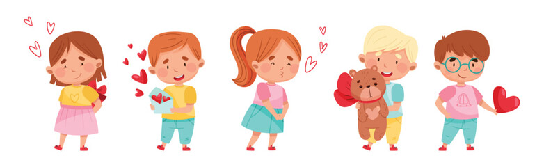 Cute Boy and Girl Feel Love at Valentine Day Vector Set