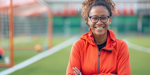 Friendly female sports coach standing confidently and smiling