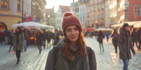 Friendly woman tourist exploring a new location in Europe on vacation - obrazy, fototapety, plakaty