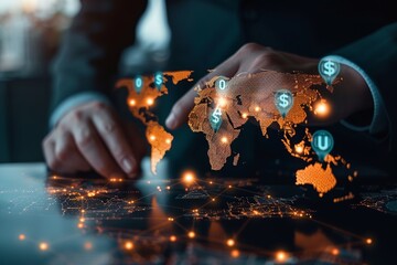 Engage with an image depicting the world of global currency exchange and money transfer, featuring a businessman interacting with a virtual world map showing currency signs such as dollar - obrazy, fototapety, plakaty