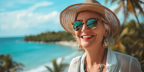 Friendly older woman tourist exploring a new location on vacation
