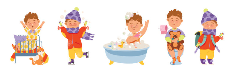 Cute Boy Daily Routine and Schedule Vector Set