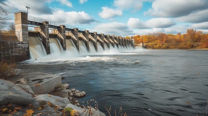 Autumnal Hydroelectric Dam on River with Flowing Water and Fall Trees