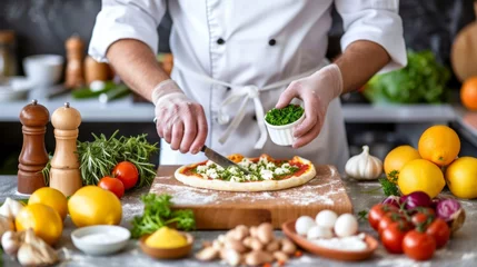 Fotobehang Professional chef making pizza in modern restaurant kitchen, adding fresh ingredients © Ilja