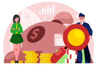 Search for investments concept. Businesswoman stands with arms crossed on chest. Standing confident woman in a suit and tie. Businessman holding a huge magnifying glass.Bag with money. Vector graphics