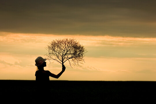 A Happy child with flower in hands on nature in park silhouette