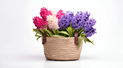 beautiful bouquet flowers in a basket on white background