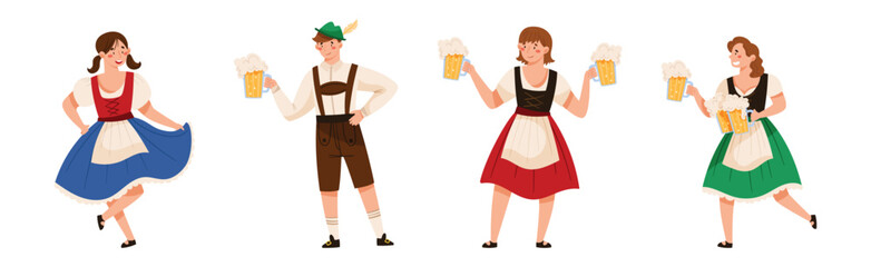 Oktoberfest with Man and Woman Character Celebrating Beer German Festival Vector Set