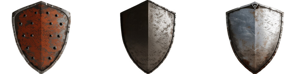 Trio of Medieval Shields Reflecting History and Heraldry in Armor Design - obrazy, fototapety, plakaty