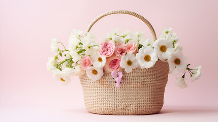 Fototapeta na wymiar Straw basket bag with a bouquet light pink flowers on a light background
