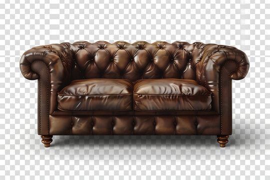 Dark brown leather chesterfield sofa, isolated on a transparent background