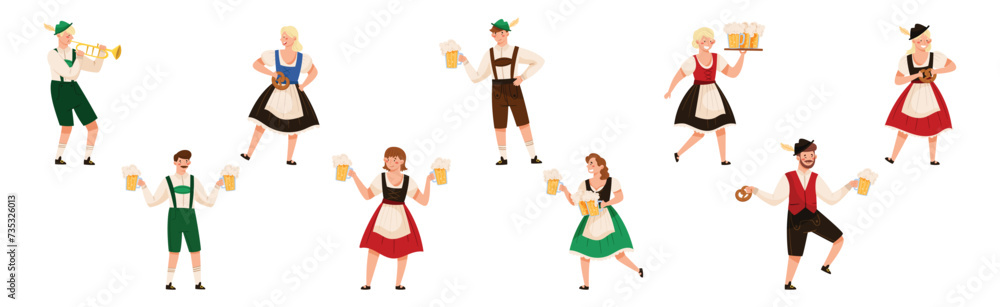 Wall mural oktoberfest with man and woman character celebrating beer german festival vector set