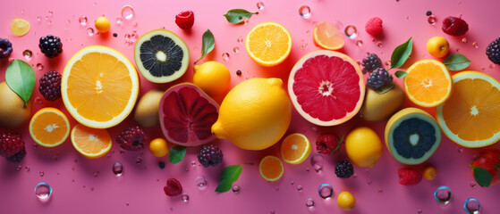 Citrus Medley with Berries on a Pink Background with Water Droplets
