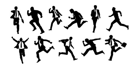 Runner silhouettes Set. Businessmen running, jumping for success in formal suit, with briefcase, front, side view. Monochrome black vector illustrations isolated on transparent background.