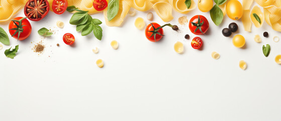 Food background Italian Cuisine Ingredients and Pasta Varieties Spread on White Background