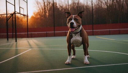 American Staffordshire Terrier, dog at dawn, purebred dog in nature, happy dog, beautiful dog