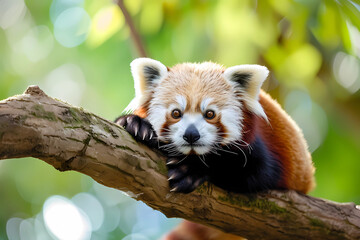 Fototapeta premium Red panda - Himalayas and China - A small arboreal mammal with a distinctive red and white coat and a bamboo-based diet. They are listed as endangered due to habitat loss and poaching
