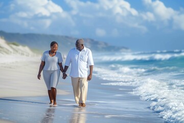 Fototapeta premium Elderly Couple Enjoying a Romantic Walk Along a Sunny Beach Shoreline