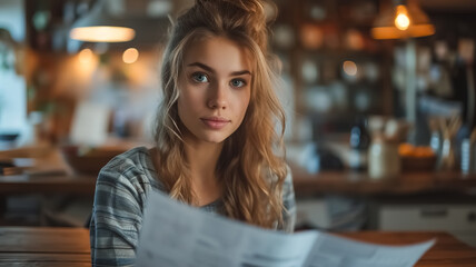 Young female student works with financial papers at home, reading some papers, doing freelance job, middle shot, soft lighting, beautiful student face