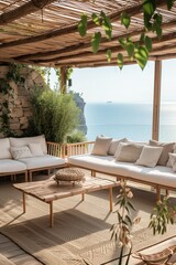 Obraz premium Cozy Seaside Terrace with Comfortable Lounge Furniture and Rustic Charm