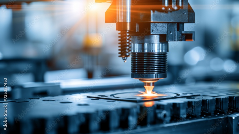 Poster cnc tool head close up of laser or metal cutting machine with copy space for text placement