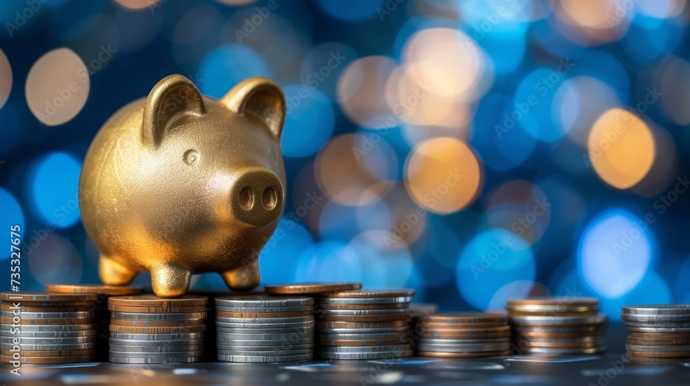 Poster golden piggy bank on blurred defocused background with copy space for text placement