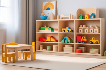 Playroom in the kindergarten. Toys and furniture made of natural wood. Bright room for playing with children. Eco-friendly toys and furniture in the children's room.