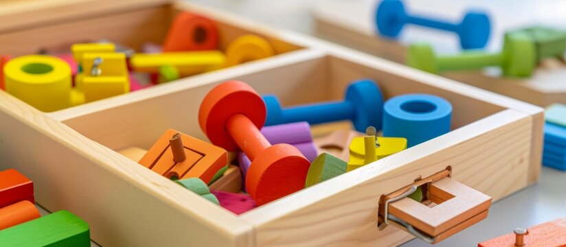Product is a rectangular wooden box filled with colorful wooden toys and dumbbells, perfect for recreational play. The electric blue font adds a fun touch to this leisure item.