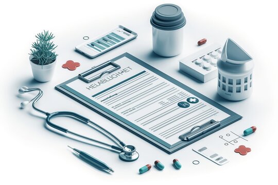Immerse in an engaging image illustrating a health insurance form and medical welfare concept, incorporating healthcare medical icons symbolizing health and healthcare access