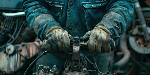 Photo of a weathered mechanic covered in grease from working all day in blue denim overalls