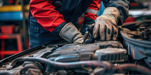 Woman mechanic working on repairing engine of car in automotive repair shop.