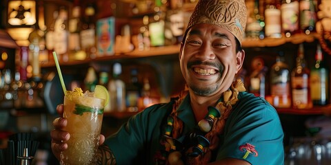 Bartender doling out tropical drinks at an exotic tiki bar - obrazy, fototapety, plakaty