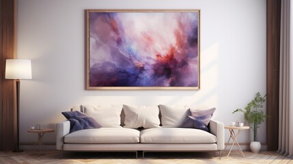 Elegant living room with a white comfortable sofa adorned with purple-toned cushions. A large abstract painting hangs on the wall beside a floor lamp