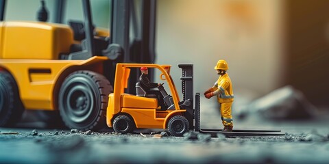 Construction concept with heavy forklift and worker in safety gear - obrazy, fototapety, plakaty
