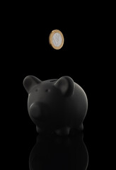 Black ceramic Piggy bank on black background