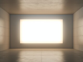 minimalist room with a large, bright, rectangular light source on one wall. The walls and floor have a concrete texture