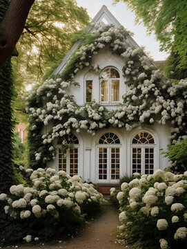Altes weißes Haus mit Sprossenfenstern und vielen Hortensien im Garten