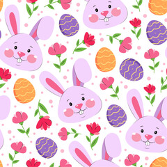 Easter seamless pattern with pink cartoon bunnies, colourful Easter eggs and flowers, Easter design for wrapping paper, banners, gifts, postcards.