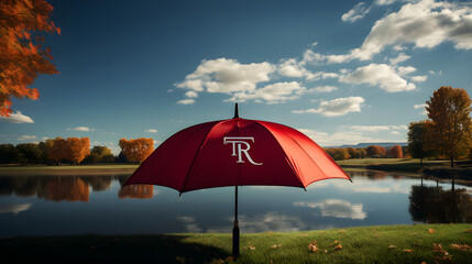 Elegant 'FV' Monogrammed Umbrella Amidst Nature: A Brisk Yet Blissful Illustration of Protection & Comfort