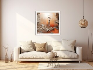 A modern living room with a bright sofa and a painting. Wall mock-up