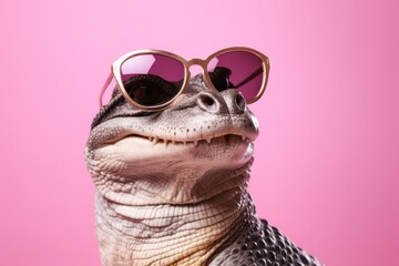 Obraz premium crocodile or alligator wearing sunglasses on pink background - creative optics eyewear salon banner with copy space. Fashion and accessories.