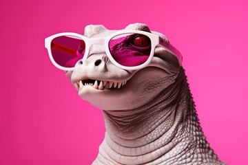 crocodile or alligator wearing sunglasses on pink background  - creative optics eyewear salon banner with copy space. Fashion and accessories.