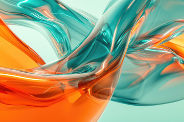 Fluid transparent abstract background with liquid glass texture. Modern elegant backdrop in orange and turquoise colors