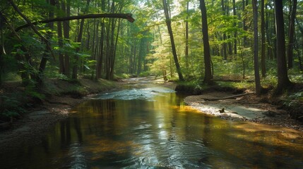 A serene river winding its way through a dense forest, its waters clear and cold. Sunlight filters through the canopy overhead, casting dappled shadows on the forest floor.