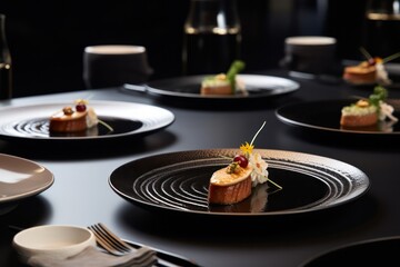 degustation or tasting menu at fancy Michelin star restaurant. several course meal at molecular gastronomy cuisine. 