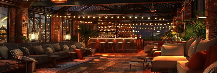 Rooftop bar overlooking the city - comfortable lounge on top of the roof of a building - obrazy, fototapety, plakaty