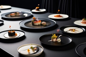 degustation or tasting menu at fancy Michelin star restaurant. several course meal at molecular gastronomy cuisine. 
