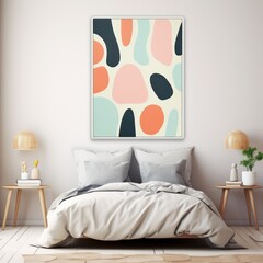 minimal Scandinavian eclectic interior of a bedroom of hotel or home apartment with abstract art painting above the bed mock up template