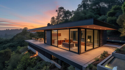 A sleek and modern home built into a hillside this artists retreat offers a stunning view of the valley below and a spacious lightfilled studio with sliding gl doors that - obrazy, fototapety, plakaty