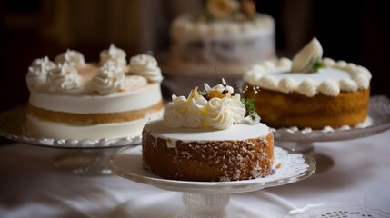 Four Delicious Cakes on Cake Stands with White and Chocolate Frosting
